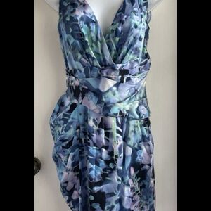 Cynthia Steffe Blue Floral Draped Mini silk Dress – Size 2